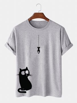 100% Katoenen Cartoon Kattenprint Ronde T-shirts Met Losse Hals En Korte Mouwen