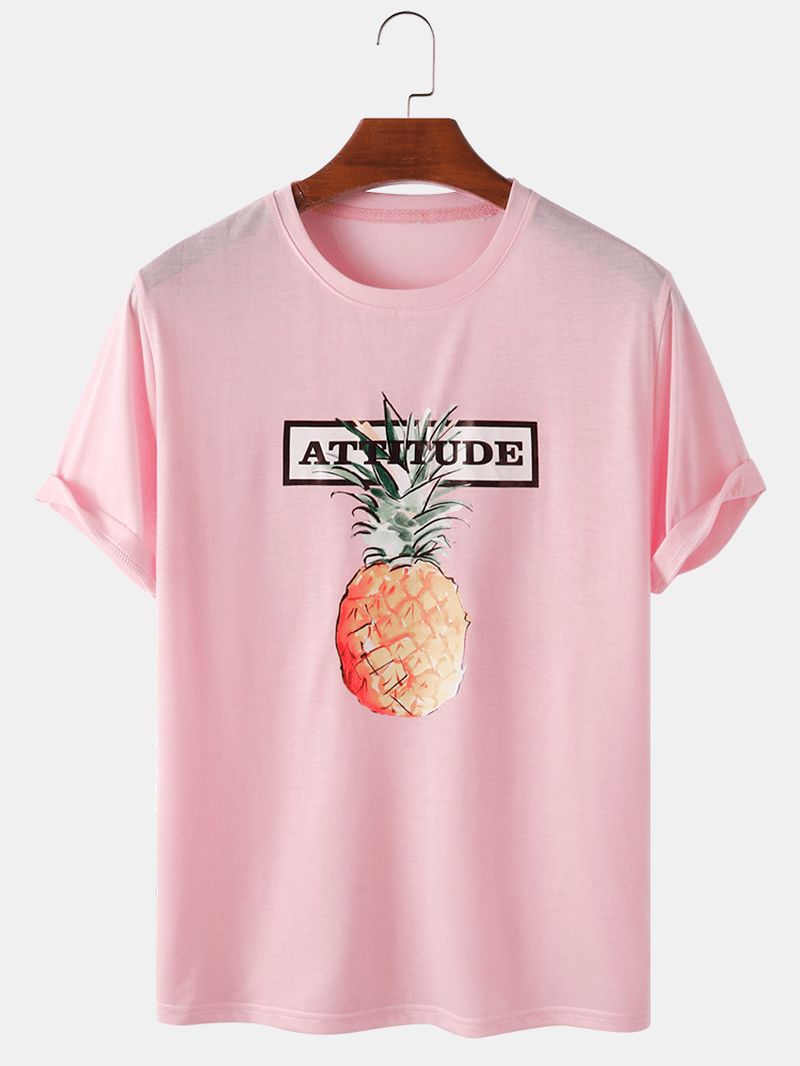 100% Katoenen Letterprint Ananaspatroon Roze Casual T-shirts Met Korte Mouwen