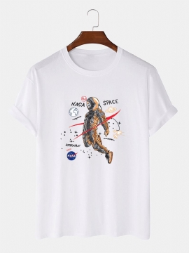 Cartoon Astronaut Print 100% Katoen Casual T-shirts Met Korte Mouwen