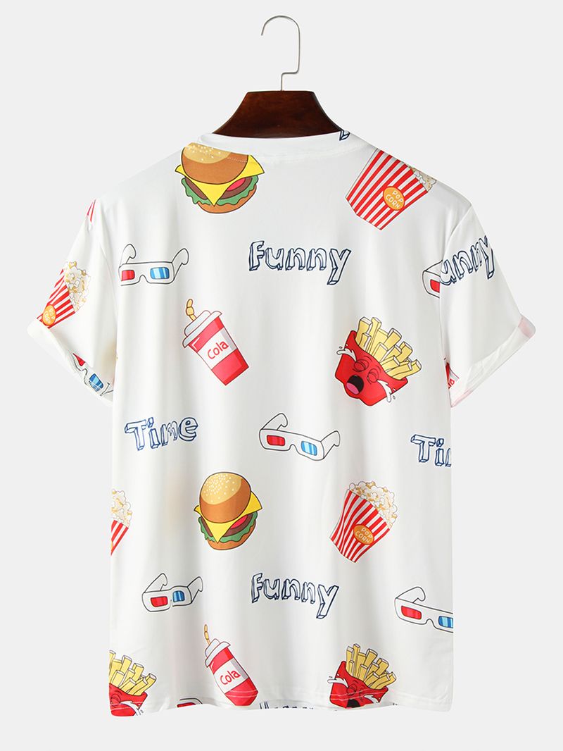Grappige Fast Food Print Ronde Hals Katoenen T-shirts Met Korte Mouwen