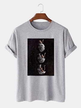 Heren 100% Katoen Space Kat Grafische Print Casual T-shirt Met Korte Mouwen
