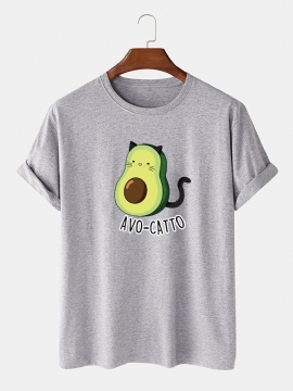 Heren 100% Katoenen Schattige Cartoon Avocado Kat Bedrukte Losse T-shirts Met Korte Mouwen