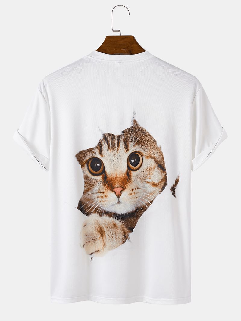 Heren 3d Schattig Kattenprint Effen Casual Los T-shirt Met Korte Mouwen