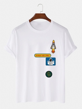 Heren Cartoon Astronaut Rocket Print O-hals 100% Katoenen T-shirt