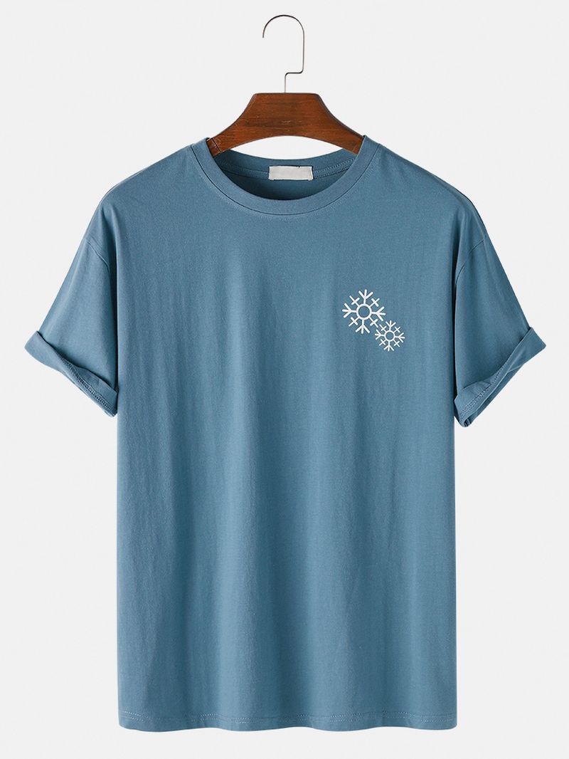 Heren Effen Kleur Sneeuwvlok Print O-hals Casual T-shirt Met Korte Mouwen