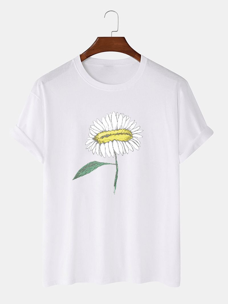Heren Met De Hand Geschilderde Bloemenprint 100% Katoen O-hals T-shirt Met Korte Mouwen