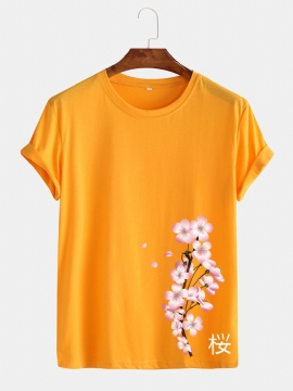 Heren T-shirt Met Kersenprint Japanse Stijl O-hals Met Korte Mouwen