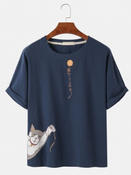 Katoen Leuke Cartoon Kattenpatroon Tekstprint Casual T-shirts Met Korte Mouwen