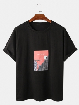 Katoenen Losse Casual T-shirts Met Korte Mouwen Voor Heren Met Landschapsprint