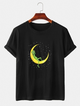 Katoenen T-shirts Met Alien & Moon-print En Korte Mouwen Voor Heren