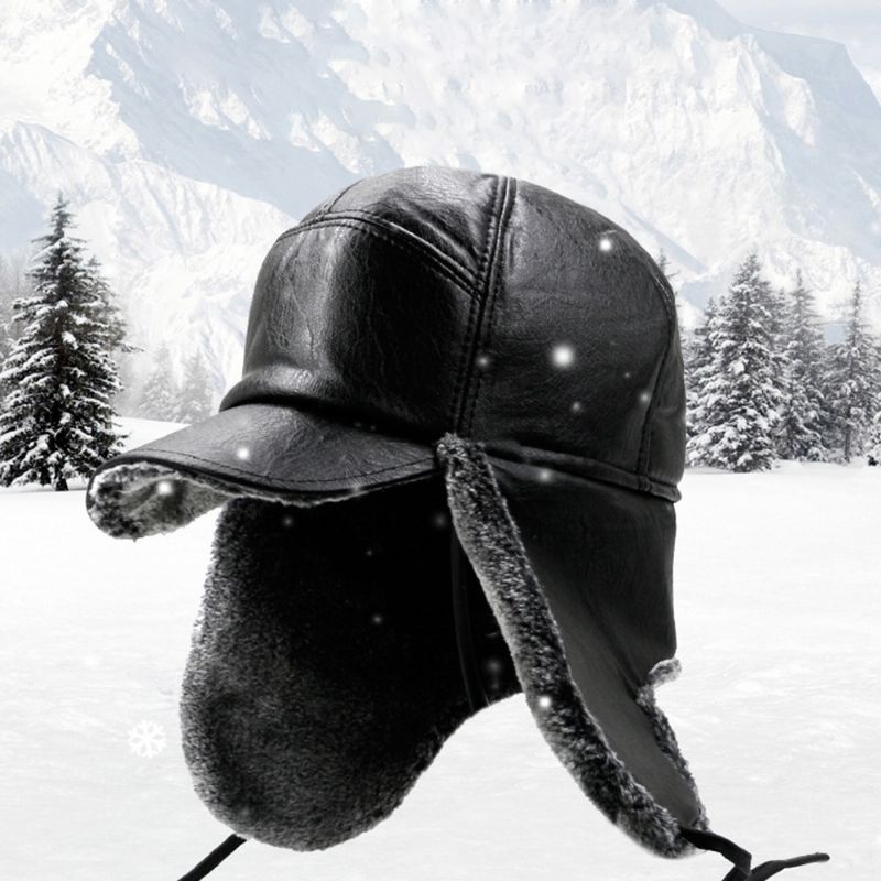 Heren Pu-leer Pluche Dikker Buiten Winddicht Oorbescherming Warmte Trapper-hoed Oesjanka-hoed