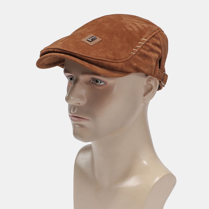 Heren Suède Met Handgemaakt Faux Leather Stitch Patroon Casual Mode Persoonlijkheid Forward Hat Baret Hat