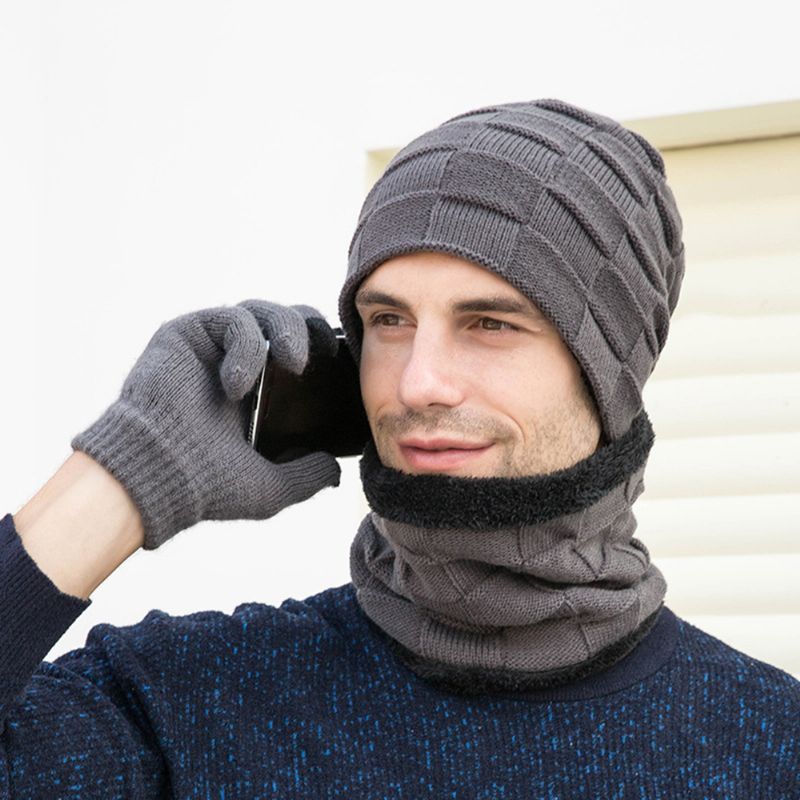 Mannen 3 Stks Plus Fluwelen Warm Houden Winter Nekbescherming Hoofddeksels Sjaal Vingerhandschoenen Gebreide Muts Beanie