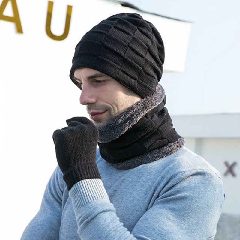 Mannen 3 Stks Plus Fluwelen Warm Houden Winter Nekbescherming Hoofddeksels Sjaal Vingerhandschoenen Gebreide Muts Beanie