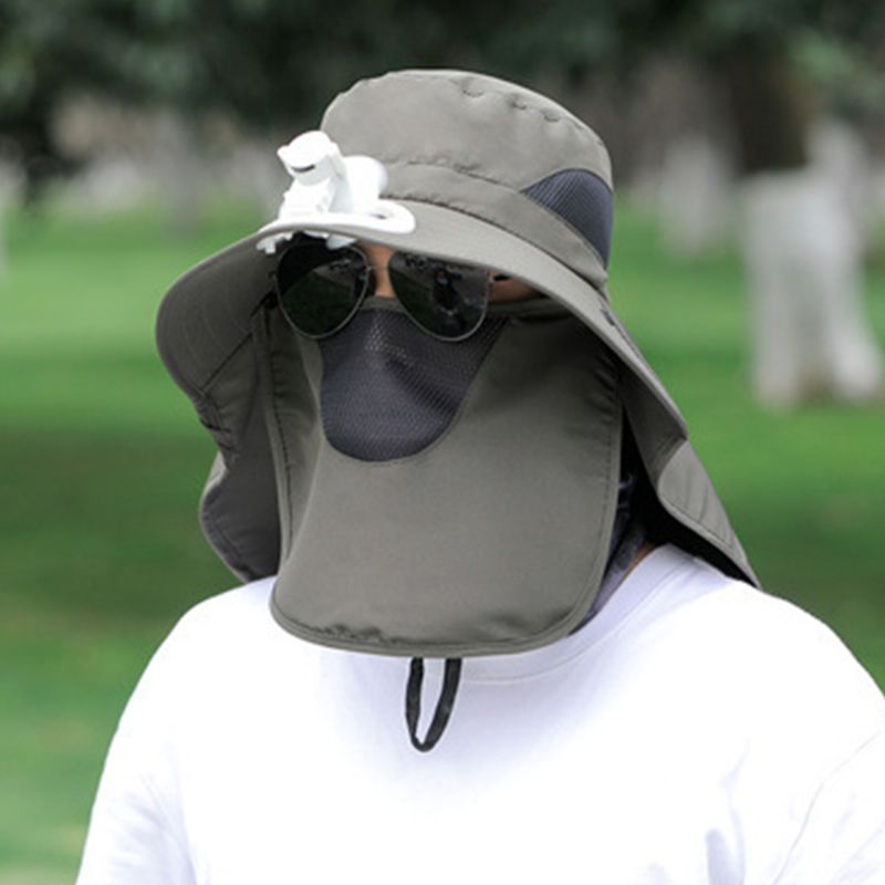 Mannen Mesh Ademend Masker Gordijn Lange Mantel 360 Graden Zon Bescherming Hoed Met Ventilator Outdoor Casual Emmer Hoed