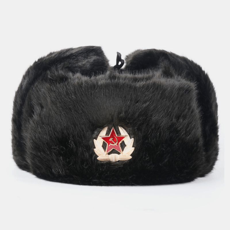 Unisex Plus Fluwelen Sovjet Badge Warm Winddicht Oorkleppen Bescherming Outdoor Trapper Hat Oesjanka Hat