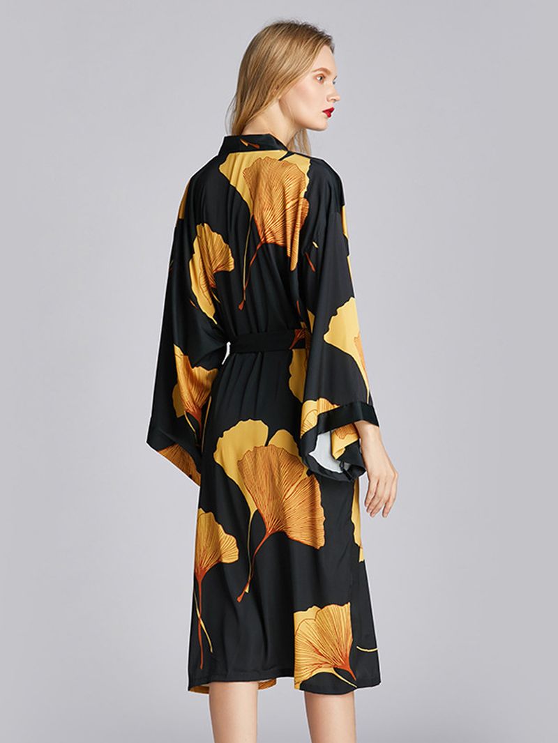 Midi Zijdeachtige Nachtjapon Met Lange Mouwen En Floraprint In Kimono-badjas