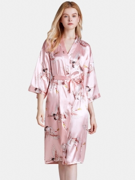 Plus Size Kraan Bedrukt Half Mouw Lange Kimono Badjas Nachtkleding
