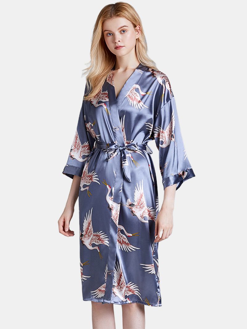 Plus Size Kraan Bedrukt Half Mouw Lange Kimono Badjas Nachtkleding