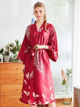 Rode Lange Mouwen Bloemen Bruids Zijden Kimono Nachtjapon Gewaden