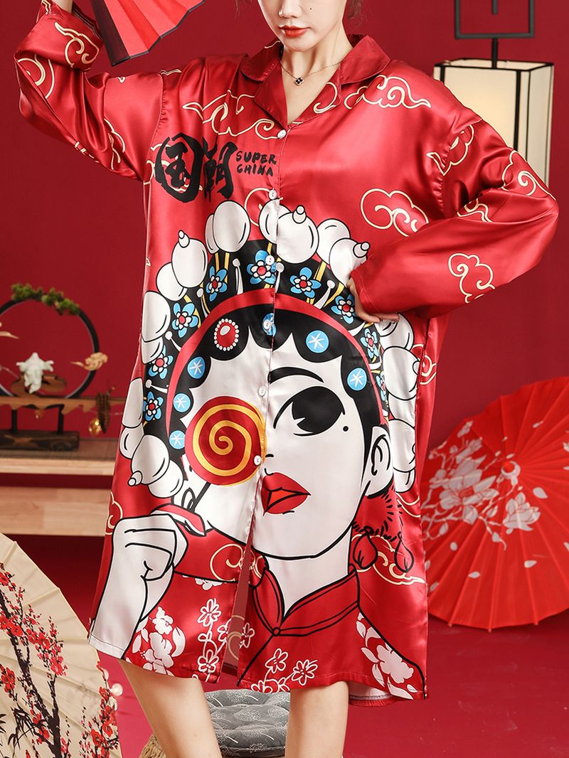 Vrouwen Chinese Stijl Drama Figute Cartoon Print Lange Mouwen Kamp Kraag Button Up Nachtkleding Nachthemden