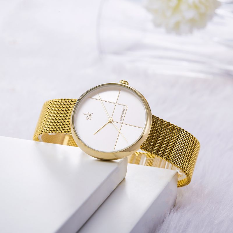 Geometrische Lijn Eenvoudige Naald Wijzerplaat Dames Volledig Stalen Dames Jurk Luxe Quartz Horloge