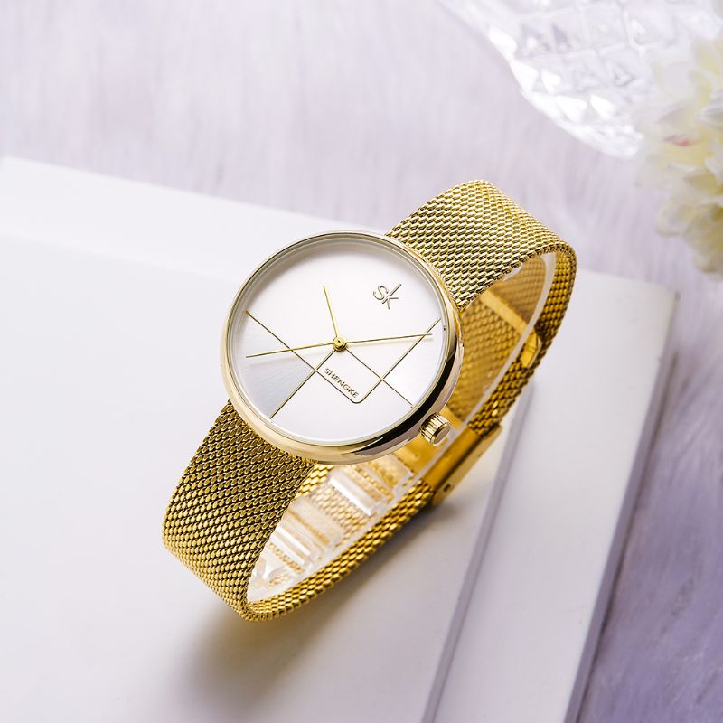 Geometrische Lijn Eenvoudige Naald Wijzerplaat Dames Volledig Stalen Dames Jurk Luxe Quartz Horloge