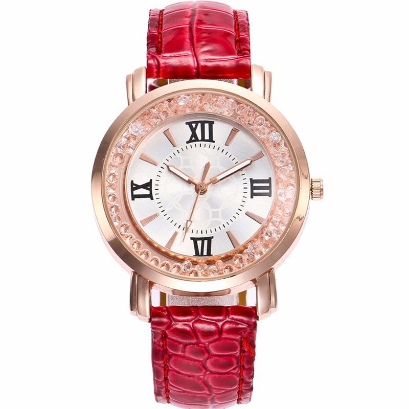 Mode Rose Gold Vloeiende Kristallen Romeinse Cijfers Dames Jurk Armband Lederen Dames Quartz Horloge