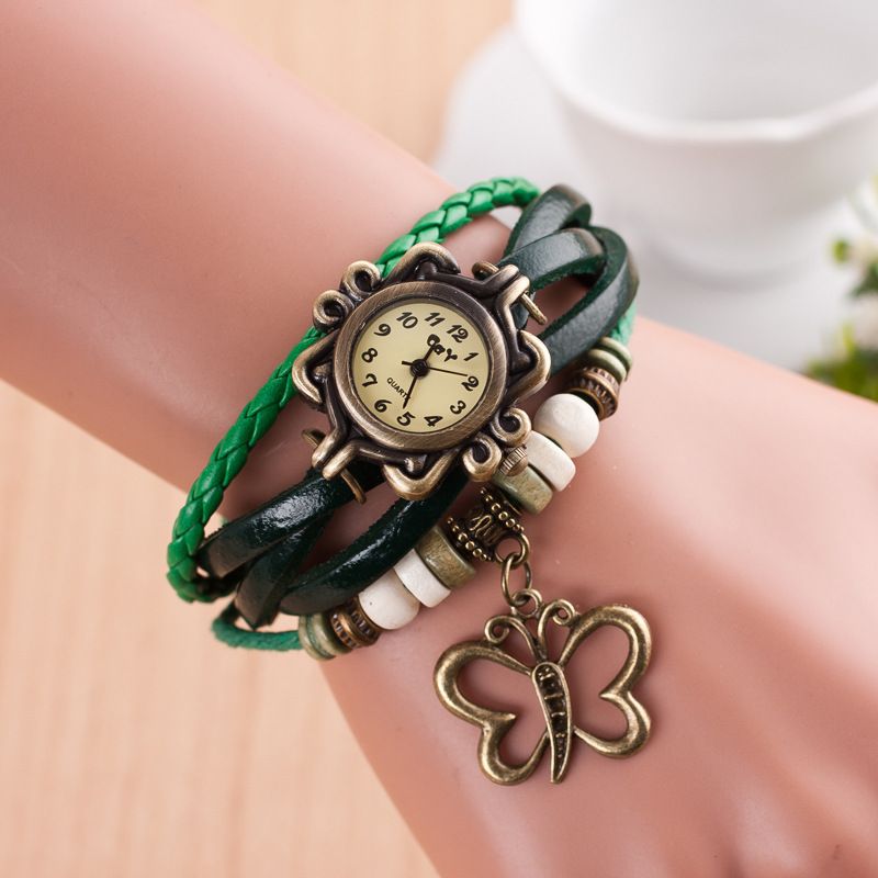 Multilayer Vintage Dameshorloge Holle Vlinder Hanger Lederen Retro Armband Horloge