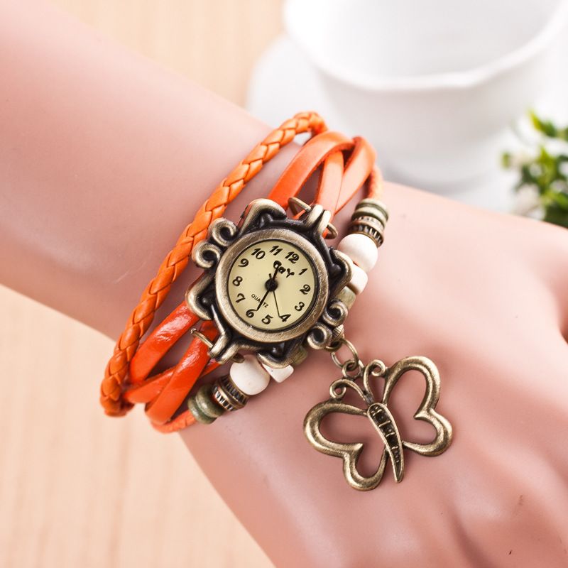 Multilayer Vintage Dameshorloge Holle Vlinder Hanger Lederen Retro Armband Horloge