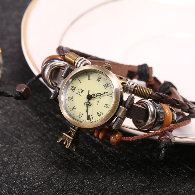 Retro Stijl Dames Armband Horloge Kralen Eiffeltoren Hanger Quartz Horloge