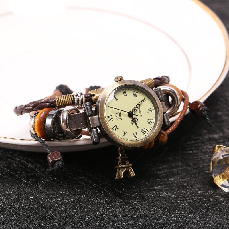 Retro Stijl Dames Armband Horloge Kralen Eiffeltoren Hanger Quartz Horloge
