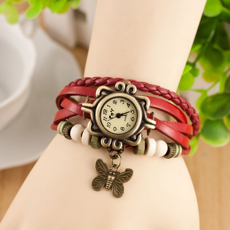 Retro Stijl Multilayer Dames Armband Horloge Vlinder Hanger Quartz Horloges