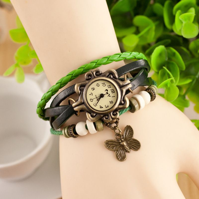 Retro Stijl Multilayer Dames Armband Horloge Vlinder Hanger Quartz Horloges