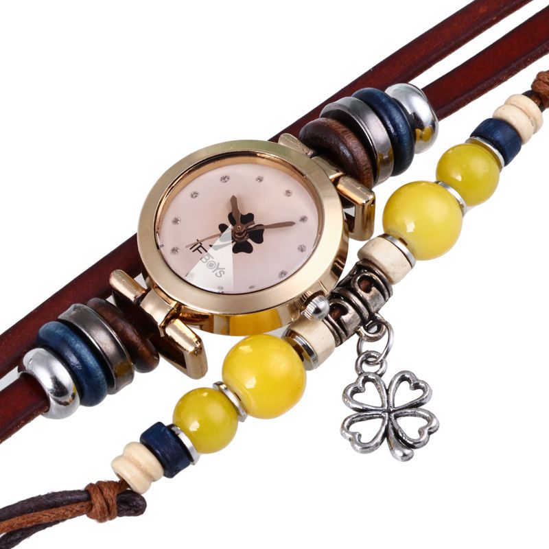 Retro Stijl Vintage Quartz Horloge Versierd Pointer Klavertje Vier Hanger Kralen Multi-layer Armband Horloge
