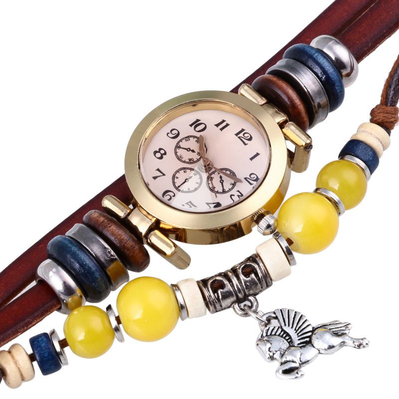 Retro Stijl Vintage Quartz Horloge Versierd Pointer Klavertje Vier Hanger Kralen Multi-layer Armband Horloge