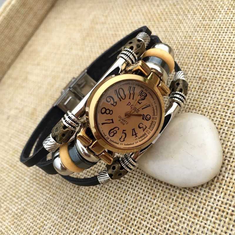 Vintage Eenvoudige Wijzerplaat Dames Armband Horlogekast Meerlagig Quartz Horloge