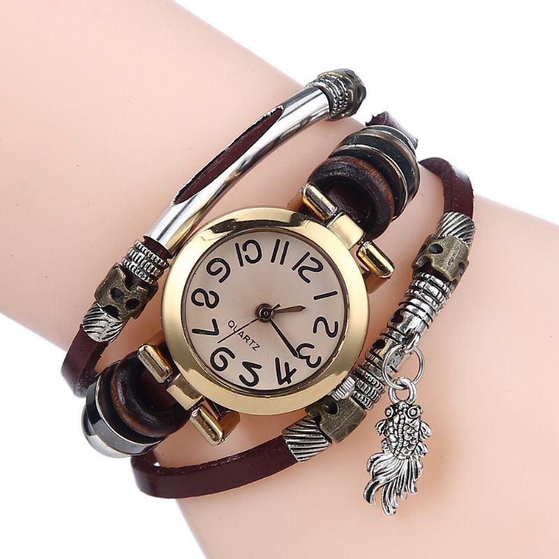 Vintage Gevlochten Quartz Horloge Kleine Wijzerplaat Dunne Riem Goudvis Hanger Riem Armband Horloge