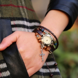 Vintage Koeienhuid Armband Horloge Kralen Kruis Hanger Lederen Dame Armband Horloge Armband