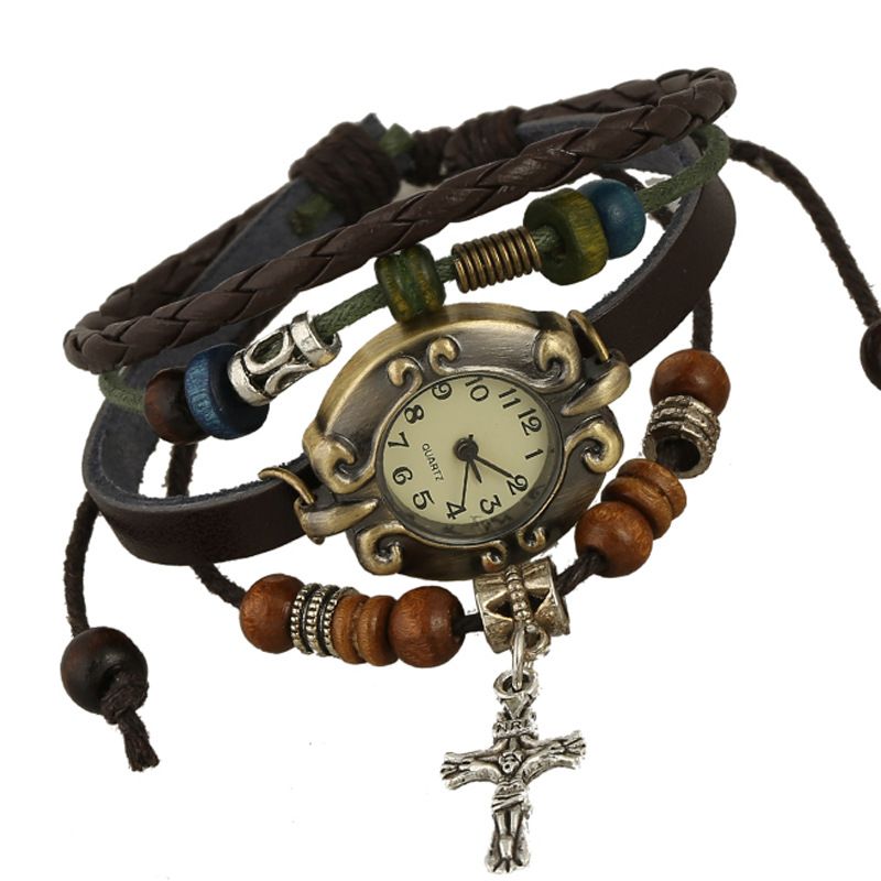 Vintage Koeienhuid Armband Horloge Kralen Kruis Hanger Lederen Dame Armband Horloge Armband