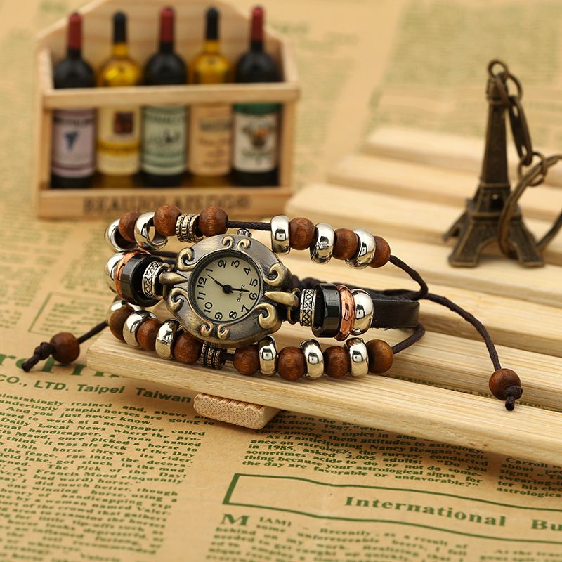 Vintage Meerlaagse Quartz Horloge Verstelbare Lederen Band Kralen Armband Horloge