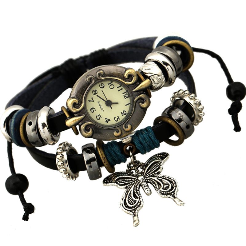 Vintage Multilayer Koe Lederen Vrouwen Armband Horloge Vlinder Hanger Quartz Horloge