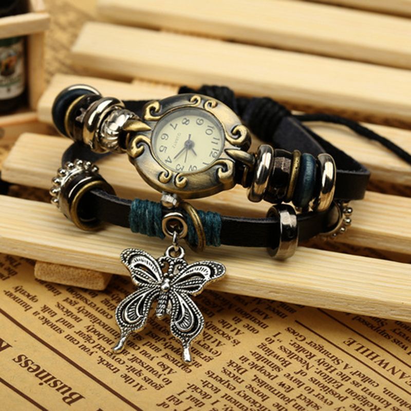 Vintage Multilayer Koe Lederen Vrouwen Armband Horloge Vlinder Hanger Quartz Horloge