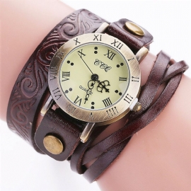 Vintage Retro Stijl Dames Quartz Horloge Koeienhuid Nicked Romeinse Cijfer Lederen Cirkel Polshorloge