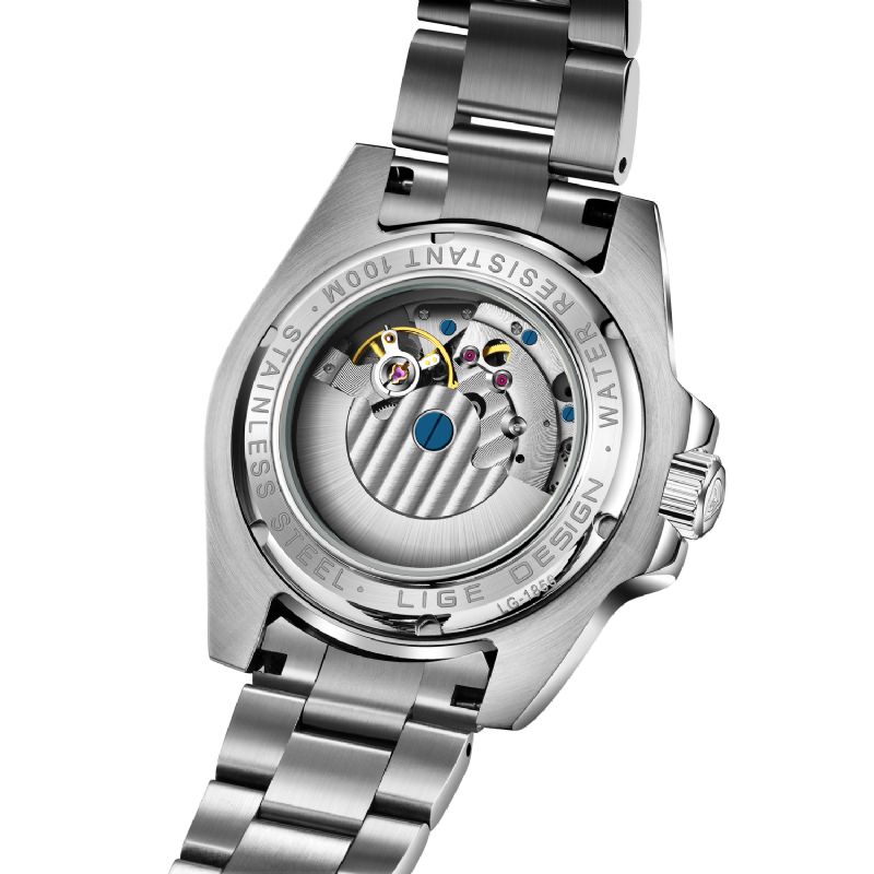 Mode Heren Automatisch Horloge Datumweergave 100m Waterdicht Roestvrij Stalen Band Synthetisch Saffierglas Mechanisch Horloge