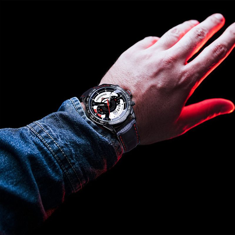 Mode Heren Automatisch Horloge Lichtgevende Datum Week Maand Display Waterdicht Lederen Band Mechanisch Horloge