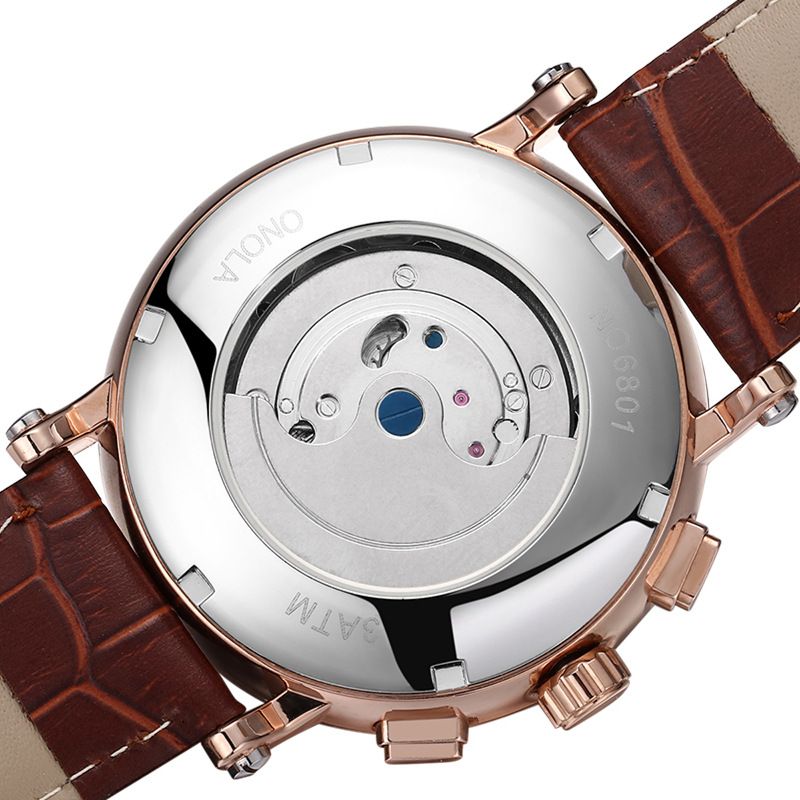 Mode Heren Automatisch Horloge Vliegwiel Holle Datumweergave Lederen Band Mechanisch Horloge