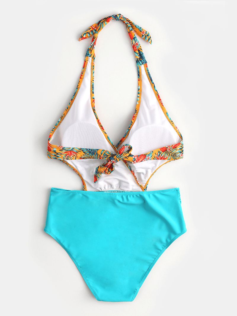 Dames Bloemenprint Halter String Patchwork Backless One Piece Hawaii Beach Swimsuit