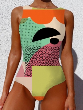Dames Kleurrijke Abstracte Geo-print Backless Mouwloze Strandzwemkleding Uit Één Stuk