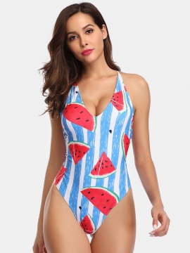 Dames Watermeloen Print Gestreepte V-hals Backless One Piece Hot Swimwear